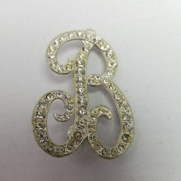 Vintage B Monogram Initial Letter Rhinestone Brooch, Silver Tone Lapel Pin - Picture 7 of 8
